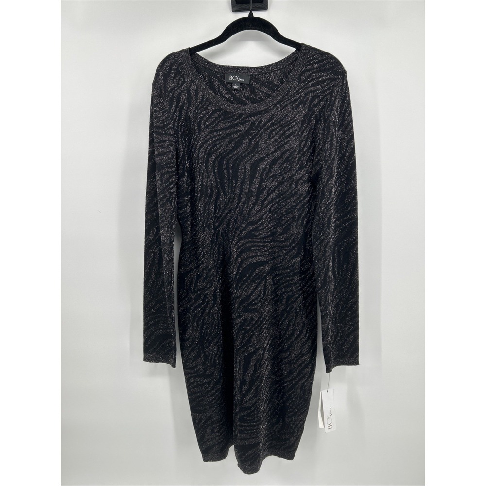 BCX Womens Dress Large NWT Black Silver Metallic Glitter Zebra Long Sleeve Knit